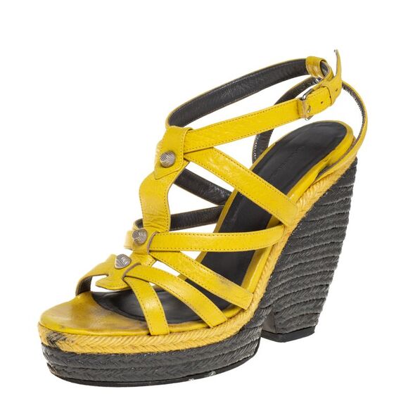 Balenciaga Yellow Leather Wedge Ankle Strap Sandals Size 38 - Picture 1 of 4